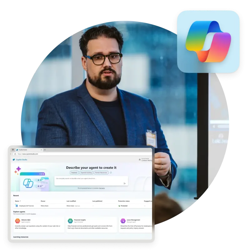 Man in a blazer presenting next to a Microsoft Copilot Studio screenshot